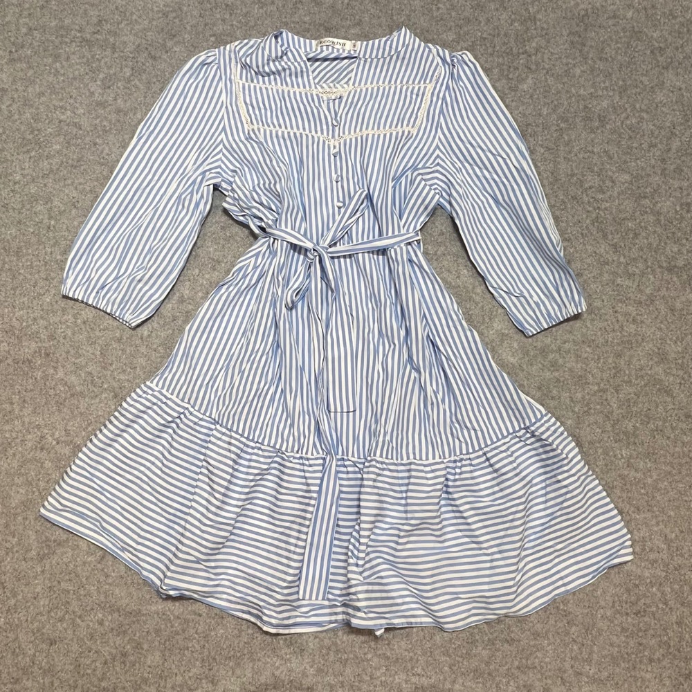 ECOWISH Womens Blue White Striped Tiered Mini Dress Lace Trim Size Medium
